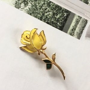 Vintage Yellow Rose Enamel Gold Stone Brooch